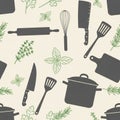 Kitchen utensil pattern featuring silhouettes of a rolling pin, whisk, knives, spatula, Royalty Free Stock Photo