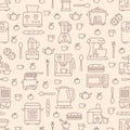 Kitchen utensil, small appliances beige seamless pattern with flat line icons. Background with household cooking tools