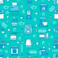 Kitchen utensil, small appliances blue seamless pattern with flat line icons. Background with household cooking tools