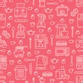 Kitchen utensil, small appliances red seamless pattern with flat line icons. Background with household cooking tools -