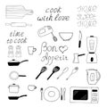 Kitchen utensils and appliances set icon. hand drawn doodle style. , minimalism, monochrome, sketch. saucepan, frying pan, fork,