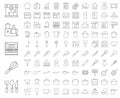 Kitchen utensils, bakery equipments, chef uniform and home appliance 100 icons, drawing on grid system, thin line icon set