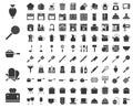 Kitchen utensils, bakery equipments, chef uniform and home appliance 100 icons, drawing on grid system, solid icon