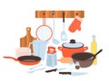 Kitchen utensils. Baking and cuisine tools composition, cookware and tableware, cartoon pots and pans, knives and forks