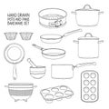 Kitchen utensils for baking. A set of dishes for baking: frying pan, saucepan, a colander. Molds for cupcakes