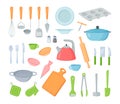 Kitchen utensils. Cartoon cooking tools and kitchen utensils, dishes cups pans pots and knives. Vector set Royalty Free Stock Photo