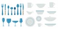 Kitchen utensils. Cartoon kitchenware with spoon knives and forks. Isolated white dishes. Blue cutlery. Ceramic plates