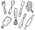 Kitchen utensils collection. Kitchen tools, Line art. Fork, knife, pot, holder, whisk, spoon, rolling pin and cutting board. Hand