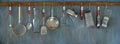 Kitchen utensils for commercial kitchen, restaurant ,cooking, kitchen concept panorama copy space Royalty Free Stock Photo