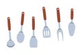 Kitchen utensils. Confectionery spatula, barbecue fork, kitchen spatula, ladle. Vector illustration.