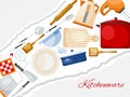 Kitchen utensils and cooking banner vector illustration. Kitchenware for cooking, glass, porcelain and enamelware Royalty Free Stock Photo