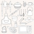 Kitchen utensils for cooking in black and white . Vector set of kitchen accessories, metal and ceramic dishes. Royalty Free Stock Photo