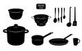 Kitchen utensils for cooking food. Silhouettes of kitchen tools. Cooking Pot and Pan. Templates for web, icons. Vector