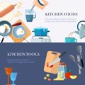 Kitchen utensils, cooking, home made food, kitchenware vector banners set