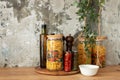 Food background. Modern wooden kitchen table background. Mock up. Stylish kitchen interior