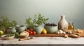 Kitchen utensils, cooking ingredients and kitchenware on white counter table Mock up. generative ai