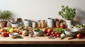 Kitchen utensils, cooking ingredients and kitchenware on white counter table Mock up. generative ai