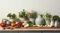 Kitchen utensils, cooking ingredients and kitchenware on white counter table Mock up. generative ai