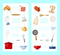 Kitchen utensils and cooking vertical banner vector illustration. Kitchenware for cooking food from glass, porcelain and Royalty Free Stock Photo