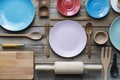 Kitchen utensils for cooking on the wooden table, food prepare c