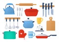 Kitchen utensils and crockery - flat design style objects set Royalty Free Stock Photo