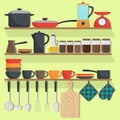 Kitchen utensils and crockery on the shelves, set. Pots, pans, blender, scales, kettle, cups, plates, potholders, boards. Vector i Royalty Free Stock Photo