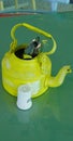 Kitchen utensils and cutlery in old fashioned green vintage teapot in bucket on table along with pepper shaker. Vintage Whistling