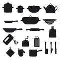 Kitchen utensils, dishes black silhouettes, household appliances. Vector home cooking utensils and pan, ladle, cup Royalty Free Stock Photo