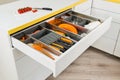 Kitchen utensils in drawer. Forks, spoons and knives.