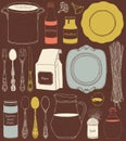 Kitchen utensils and food. Cookware, home cooking background.