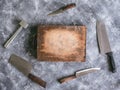 Kitchen utensils on gray grunge background. Royalty Free Stock Photo