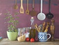Kitchen utensils, herbs, vegetables, kitchen still life,cooking