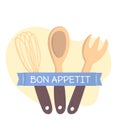 Kitchen utensils illustration with a whisk, spoon, spatula, and Bon Appetit text. Cooking tools and culinary concept