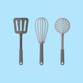 Kitchen utensils. Spatula, skimmer and whisk flat style icons. Vector illustration. Royalty Free Stock Photo