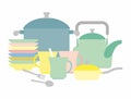 Kitchen utensils. Kettle and mugs. Set of plates. Vector illustration. Royalty Free Stock Photo