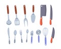 Kitchen utensils. Kitchen spoon, knife, fork, cooking whisk, pizza cutter, confectionery spatula, knife, barbecue fork