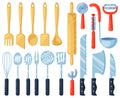 Kitchen utensils. Kitchenware cutlery tools, knives, forks, spatula and spoons. Cooking tableware equipment vector