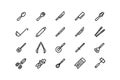 Kitchen utensils line icons. Spoon knives grater canning and pizza roll knife outline symbols, hammer for pounding meat Royalty Free Stock Photo