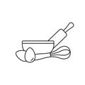 Kitchen utensils for making bakery products, pie, cake or pastries. Linear emblem. Bowl, rolling pin, whisk, chicken eggs. Basic