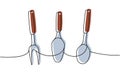 Kitchen utensils one line colored continuous drawing. Confectionery spatula, barbecue fork continuous one line