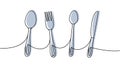 Kitchen utensils one line colored continuous drawing. Kitchen spoon, knife, fork continuous one line illustration.