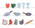 Kitchen utensils one line colored continuous drawing. Mug, cup, wineglass, frying pan, colander, mitten, mortar, rolling Royalty Free Stock Photo