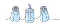 Kitchen utensils one line colored continuous drawing. Salt shaker, paper shaker, portion sugar bowl continuous one line