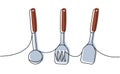 Kitchen utensils one line colored continuous drawing. Kitchen spatula, ladle continuous one line illustration.