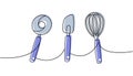 Kitchen utensils one line colored continuous drawing. Wheel pizza cutter, confectionery spatula, cooking whisk