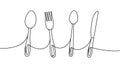 Kitchen utensils one line continuous drawing. Kitchen spoon, knife, fork continuous one line illustration.