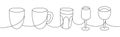 Kitchen utensils one line continuous drawing. Mug, cup, empty glass, bocal, wineglass continuous one line illustration.