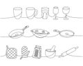 Kitchen utensils one line continuous drawing. Mug, cup, wineglass, frying pan, colander, kitchen mitten, mortar, rolling Royalty Free Stock Photo