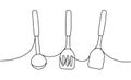 Kitchen utensils one line continuous drawing. Kitchen spatula, ladle continuous one line illustration.