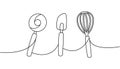 Kitchen utensils one line continuous drawing. Wheel pizza cutter, confectionery spatula, cooking whisk continuous one